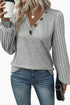 Buttoned V Neck Ribbed Puff Sleeve Top